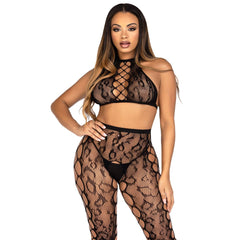Leg Avenue - Crop Top and Open Crotch Tights - Black
