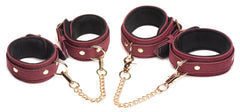 Master Series - 6-Piece BDSM Suede Cuff Set With Collar And Strap - Burgand