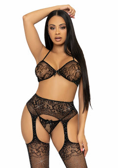 Bra Top, String and Stockings - Black