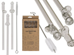 Glass Penis Straw with cleaning brush Willy - 4 pcs