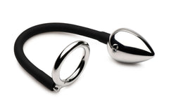 Master Series - Tug + Plug Cock & Ball Ring with Anal Plug - Black & Silver