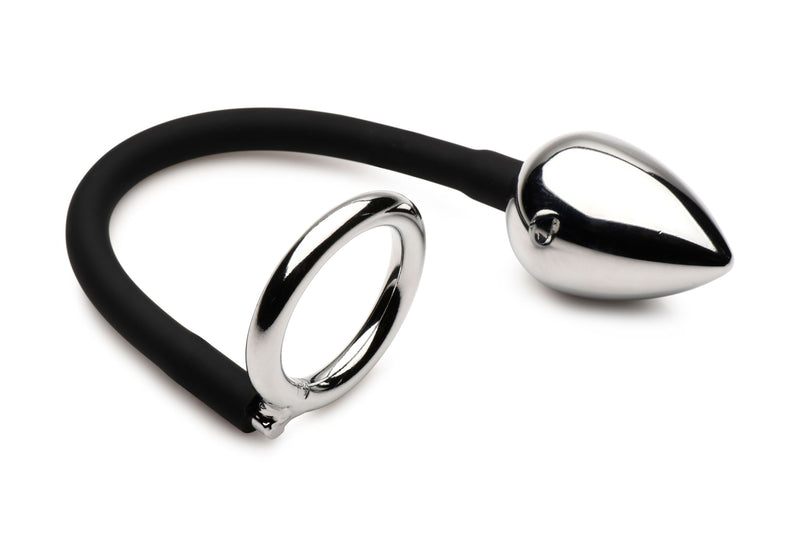 Master Series - Tug + Plug Cock & Ball Ring with Anal Plug - Black & Silver